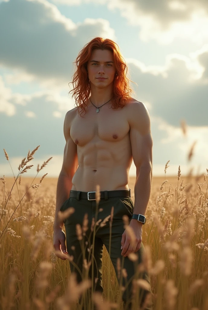 Make a young Germanic man with dark red hair and black hair, His name is Yuu Leir and he is ., He has 1,82 tall, He's a tall man, her hair is long and reaches her back, His face is a little effeminate but his body is thin but strong., he is smiling slightly calmly in a cloudy field without rain, photo realistic image