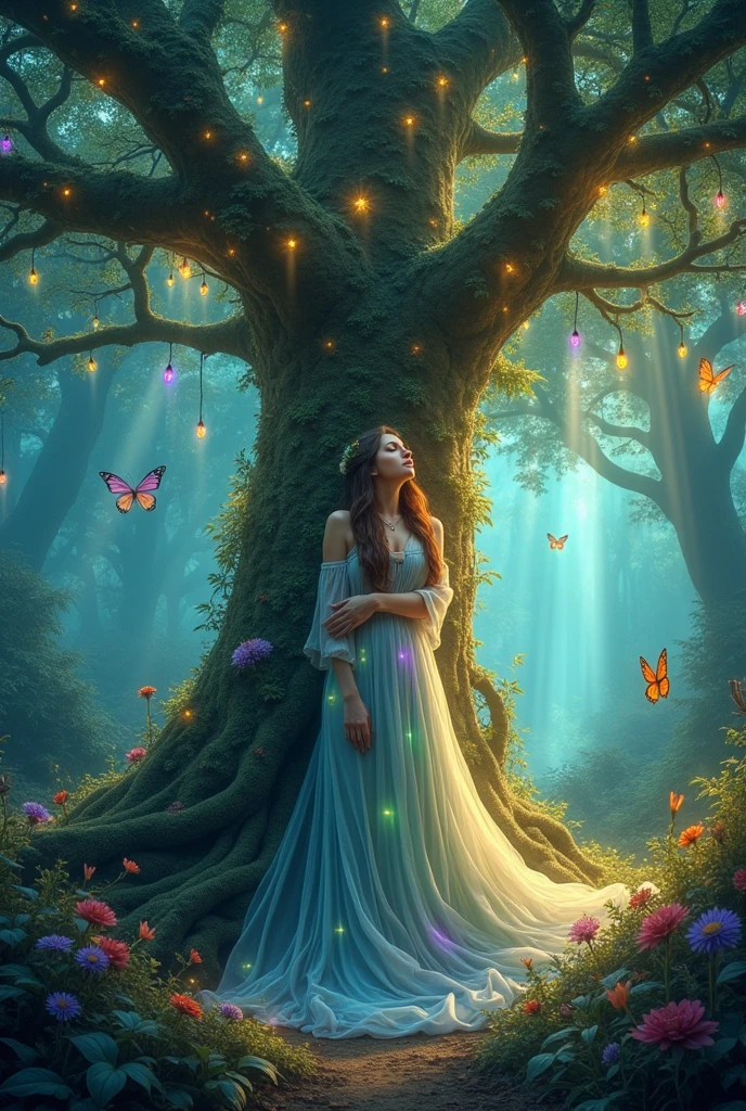 I would like to create a magical tree with bright lights and a woman hugging it in a magical world.