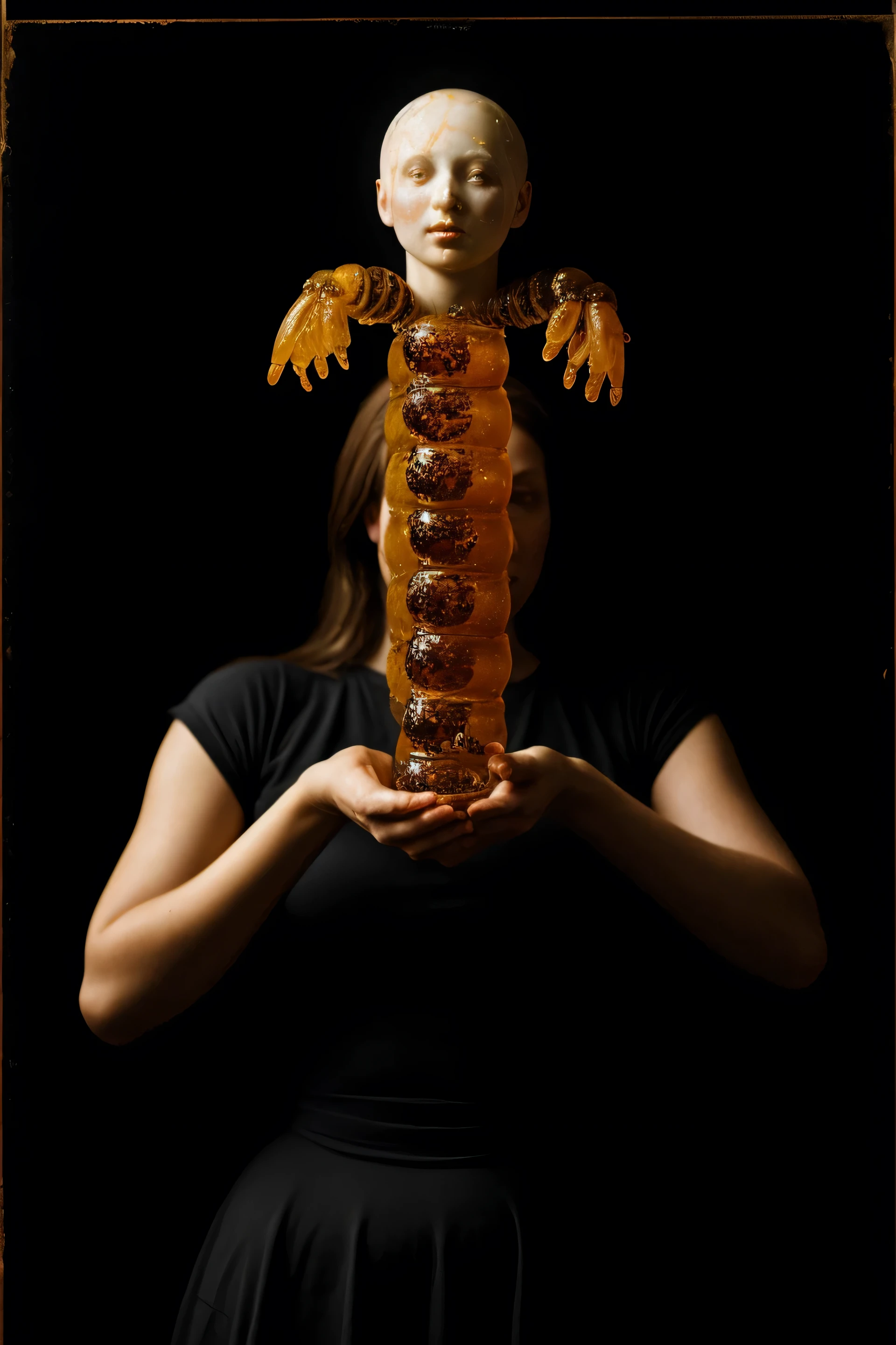 Willem van Aelst Style -, Large format color photo of of a woman with giant marble head littered with gripping disembodied hands holding translucent amber animal dripping honey all over a giant effigy of a caterpillar with a human head in a baroque hall