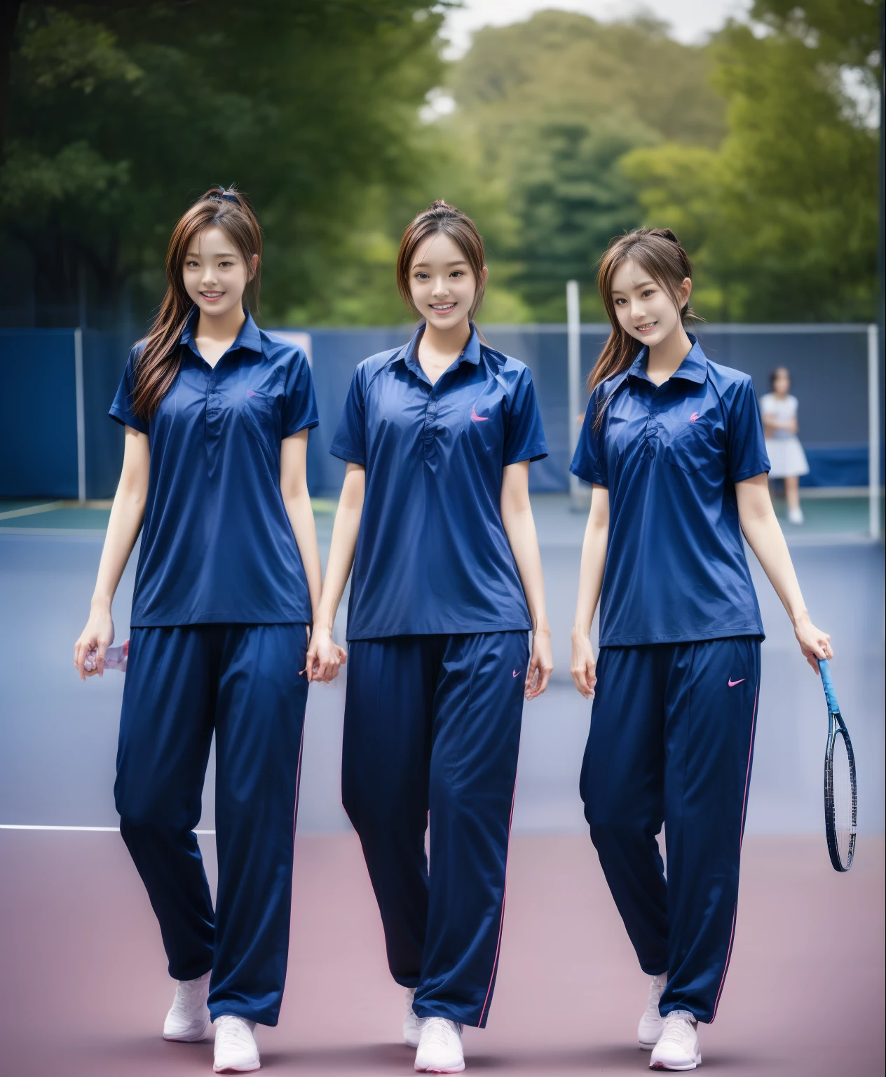 3 girls play tennis at tennis courts, Navy blue short-sleeved shirt,Navy Long Trackpant,Sweatpants, Sweatpantsขายาว,25 year old girl, lesbian, sexy, exercise clothes, wet body, exercise clothes