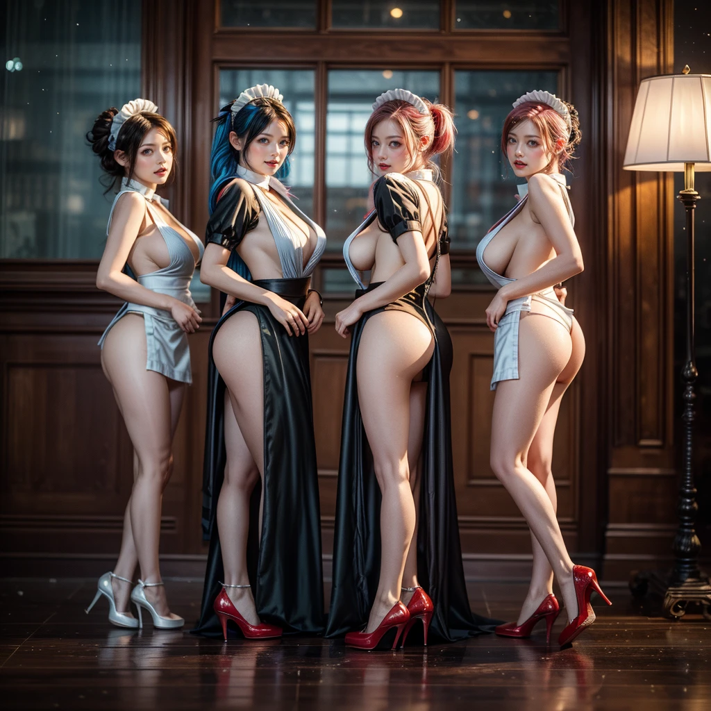 (Full Body of Extremely Detailed((Sexy Maid Group in a row:1.37))), KAWAII perfect face with Reflective Eyes, Detailed(Delicate Clothing textures), Correct Graceful Legs, Dynamic Joyful Expressions LifeLike Rendering, Specular Reflection, TopQuality 8K Ultra-detailed masterpiece (ProfessionalPhoto:1.37), (Acutance:0.8), (Luminism:1.28), Renaissance art style, Colorful Light particles, (Full body from side) {MicroMini Skirt|Kissing Face to Face|Thigh Gap|Cute Peach AssFocus|(NakedApron with (Overflowing Sideboob))}, Radiant Fine Skin with Transparency, {Pink Hair|LightBlue Hair|Blonde|Pure White Hair|Liquid Hair|Red Shoes}, Perfect Lighting