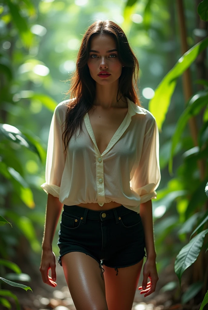 ((RAW photo), absurd, (absurdresolution)), (masterpiece, best quality), the most beautiful 21 year old girl, gorgeous face, gorgeous, gorgeous, a girl in Hanoi Vietnam, (makeup, red lips, blue eyes), ((tight black shorts, white bra, open transparent unbuttoned blouse)), wet, slightly crouched walking through the jungle, lollipop in hand, full body RAW photo, with the precious attention to detail and hyperrealism, cinematic lighting,