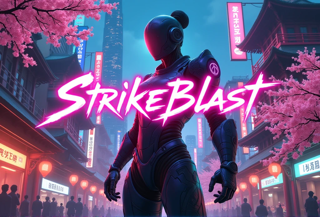 Create an image that has StrikeBlast written on it, a futuristic Japanese-style background