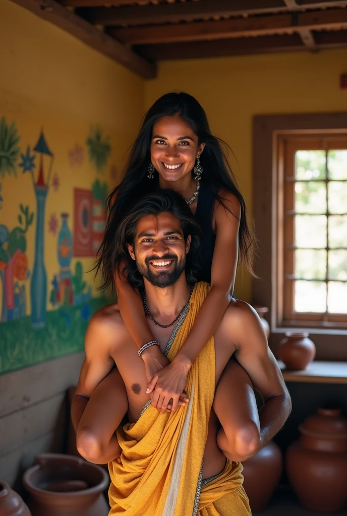 A smiling and beautiful fair indian woman with tied hair lifting and carrying a stout man on her shoulders, man is sitting on woman's shoulders, in a village room