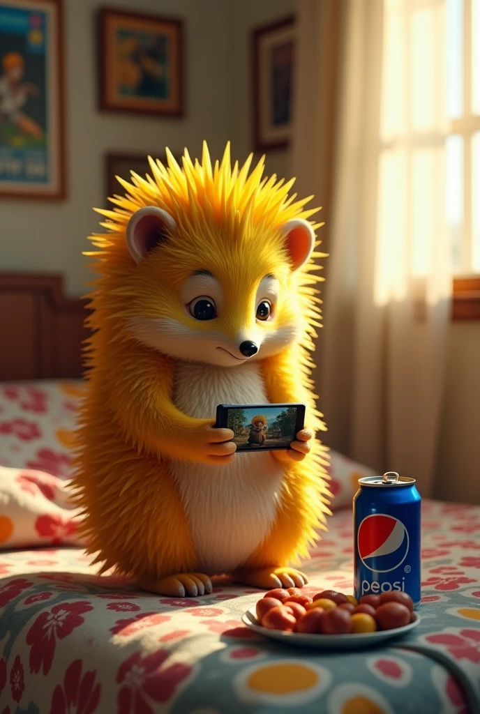 Draw a yellow hedgehog that looks like a person with a height of 1,5 meters, who plays pubg mobile on his phone at home in a man's bed and put a can of pepsi and a plate of sweets next to him