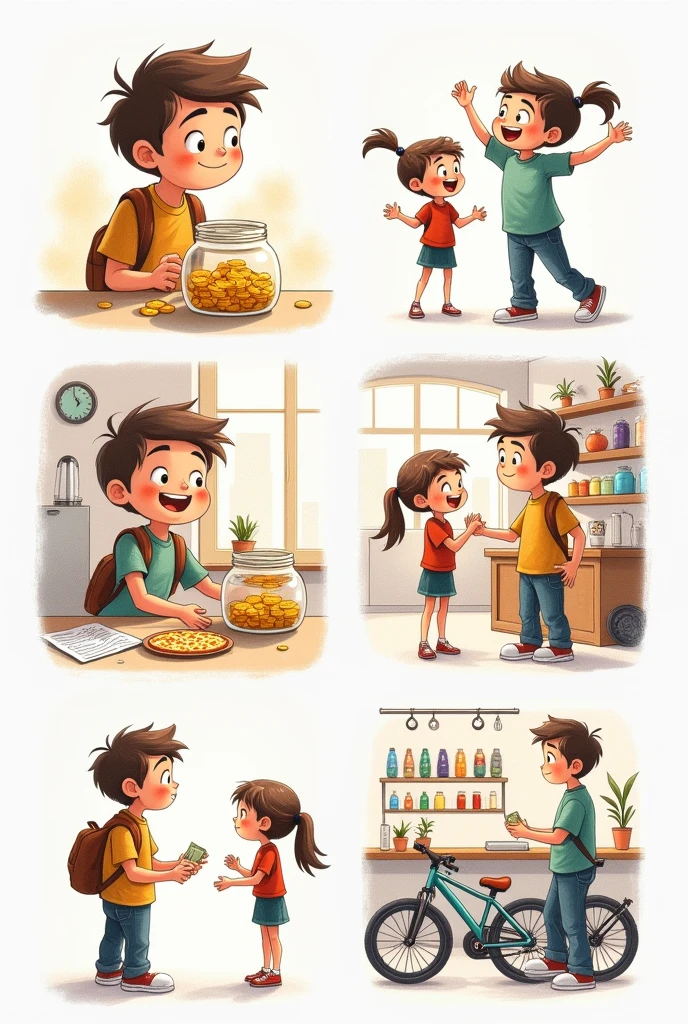  Scene of a student checking his savings jar with a smile and his sister on the side celebrating his effort Scene of the student with his mother and sister celebrating with a pizza Scene of a student in a bike shop looking at the one he wants to buy Scene of a young man paying for his bike in the shop All on one sheet vertically in 4 colorless vignettes 