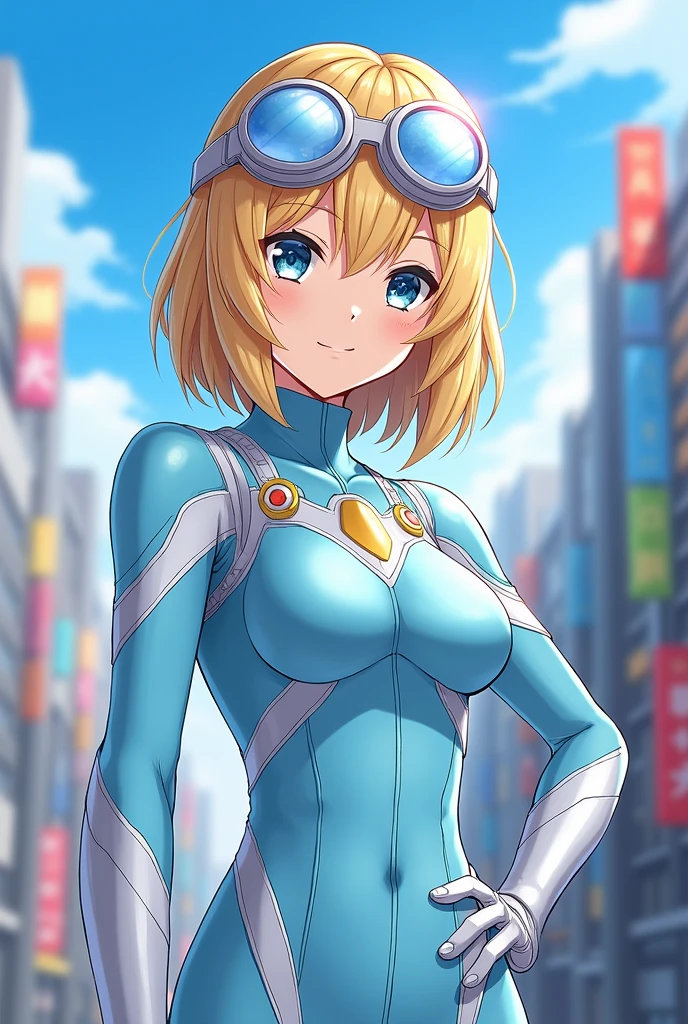(Anime my hero academia) women, blonde with hair below the shoulder, not so long in layers, in a hero suit like Uraraka's but in pastel blue and without the helmet with white details and sunglasses like goggles on his head. light blue eyes, beautiful. LONGER HAIR, not so much . medium