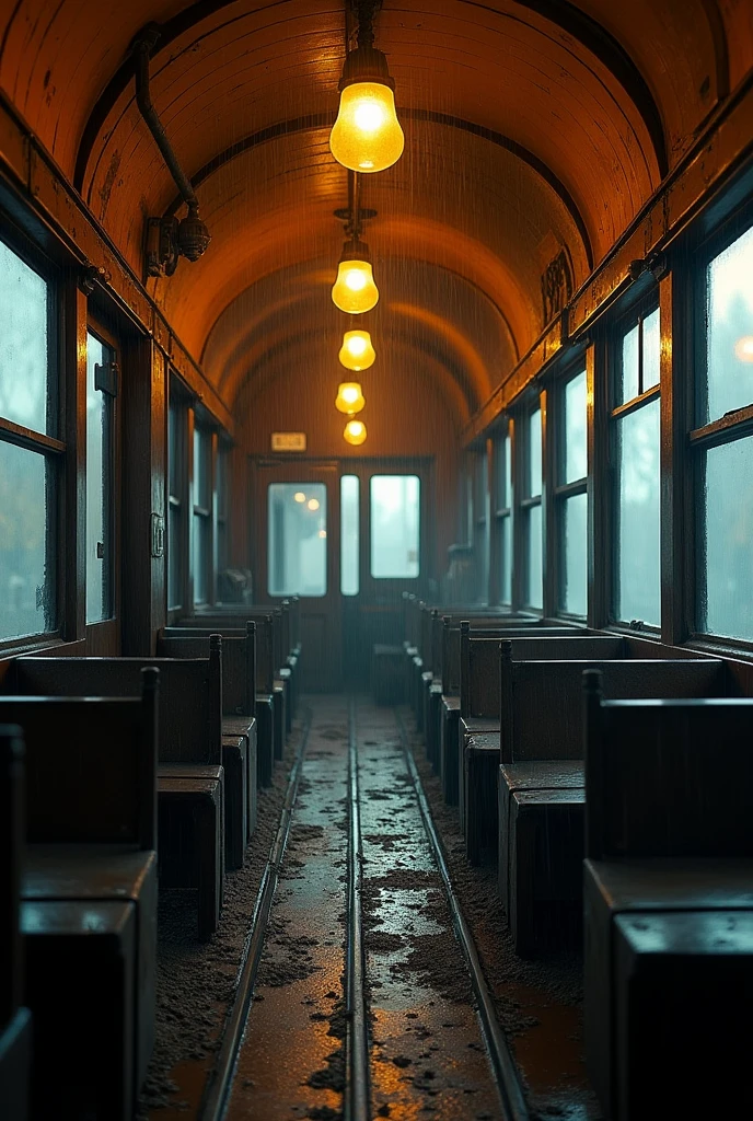 gloomy train with warm light inside