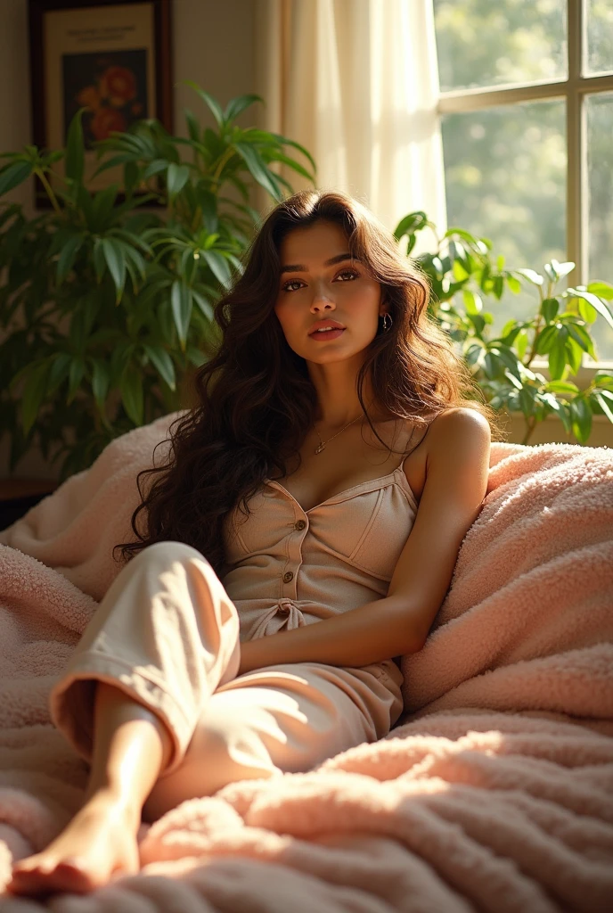 (photorealism:1.2), shraddha kapoor, sitting on bed, wearing loose off-shoulder top, pajama pants, long curly hair, indoors, soft lighting, plants in background, window with sunlight, cozy room, relaxed pose, realistic, intricate details, warm colors, by Greg Rutkowski, by Alphonse Mucha