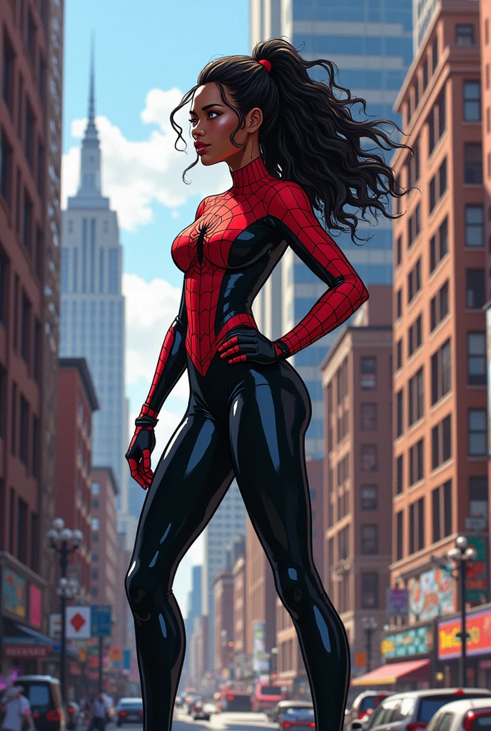 Miles of spiderman being a woman looking to the right 