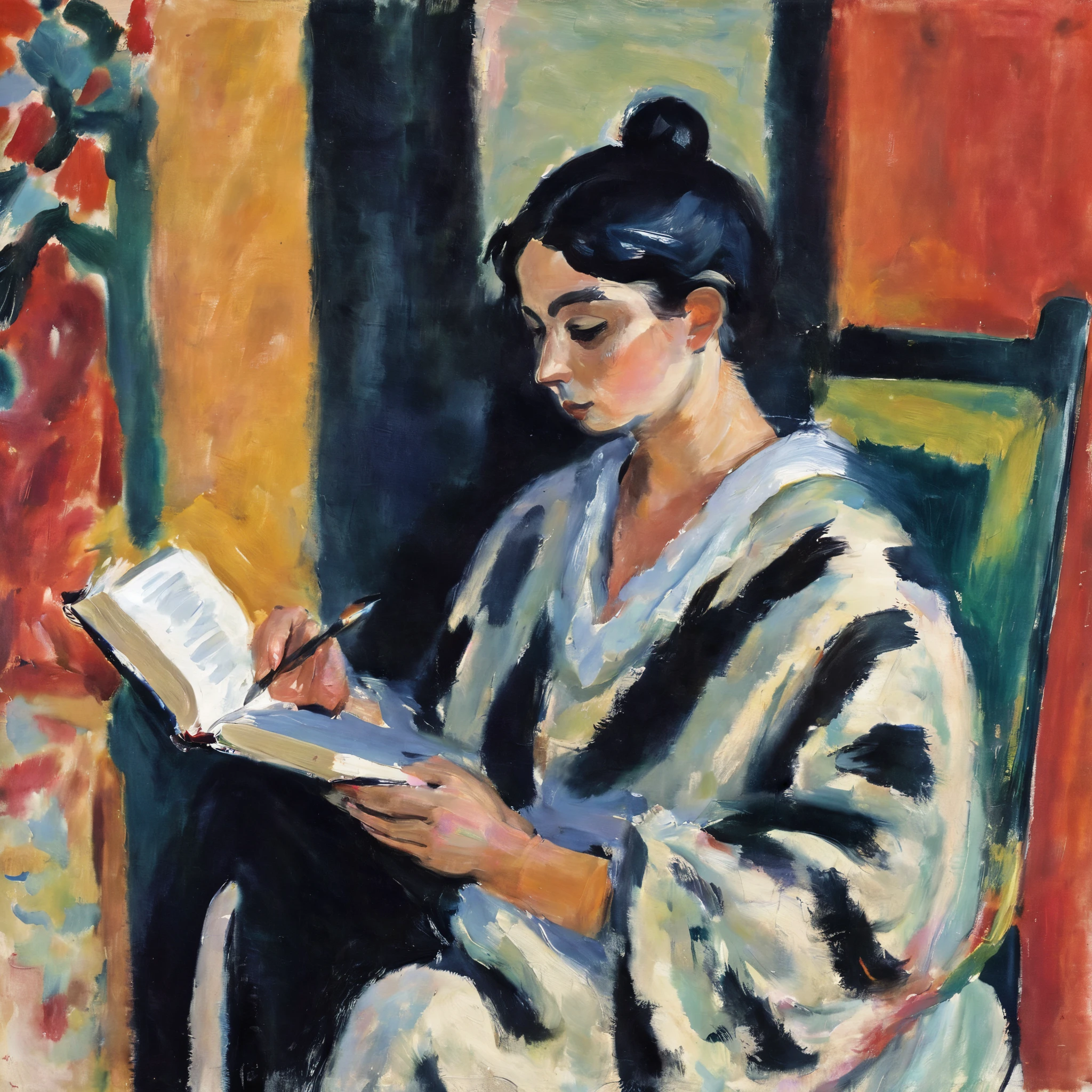 m4t1 Woman reading a book with thick paint, Brush strokes