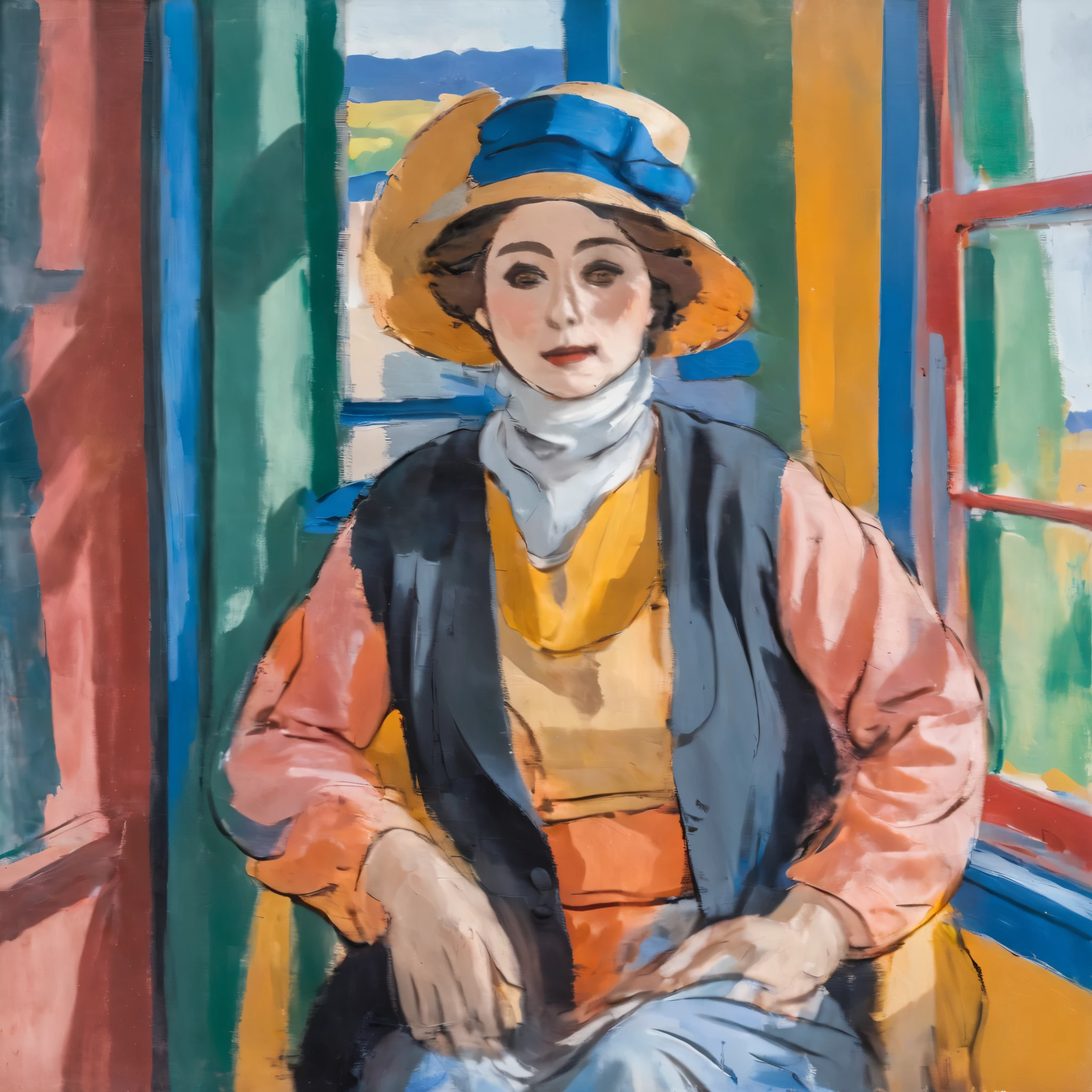 A woman wearing a hat sitting by the window, Thick paint strokes, Vibrant