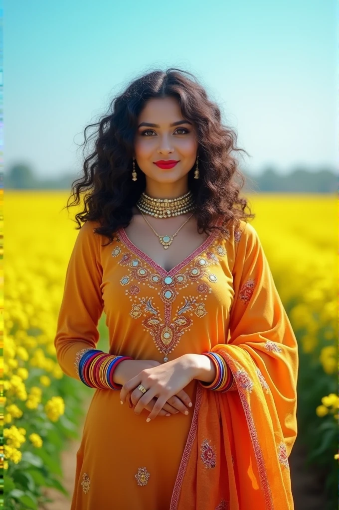 A traditional punjabi girl with shoulder length curly hairs and a hint of western culture