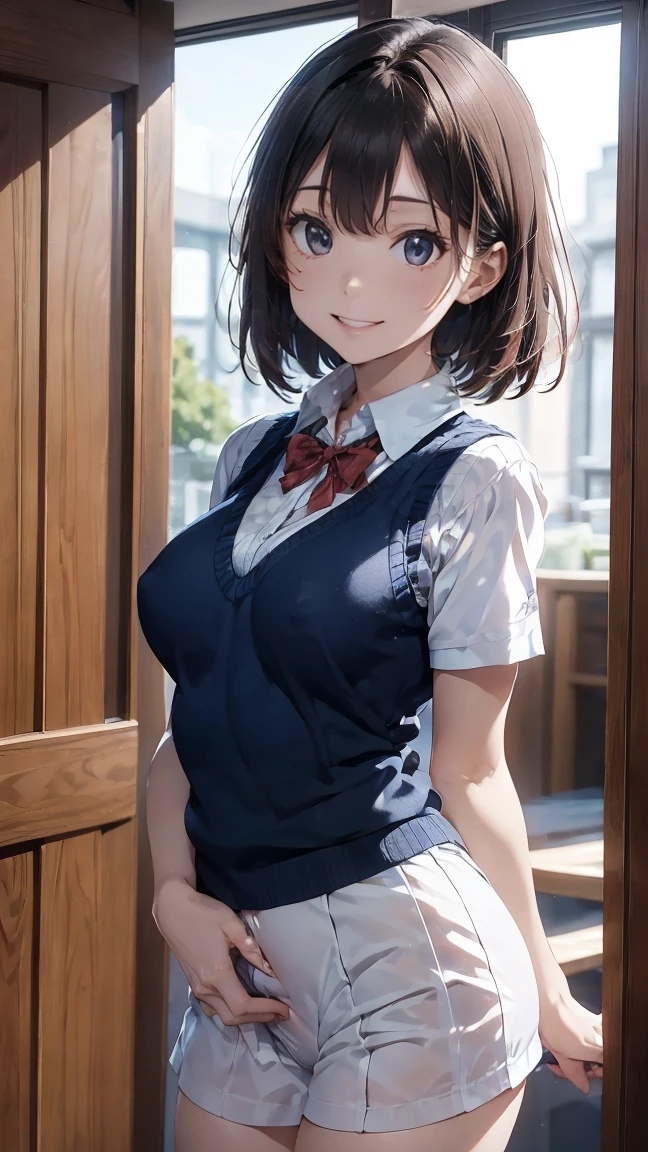 (masterpiece:1.2, Highest quality), (Realistic, Photorealistic:1.4), Beautiful illustrations, (Natural Side Lighting, Cinema Lighting), Written boundary depth, Looking at the audience, Front view, 1 person, English, high school girl, 20-year-old, Perfect Face, Symmetrical cute face, Glowing Skin, Spread your legs, (ボブヘア:1.7, ブロンド), Asymmetrical bangs, Big eyes, Droopy eyes, long eyelashes chest), thin, Beautiful Hair, Beautiful Face, Beautiful and beautiful eyes, Beautiful clavicle, Beautiful body, Beautiful breasts, Beautiful thighs, Beautiful legs, Beautiful fingers, ((High quality fabric, Brown knitted vest, Short sleeve white collar shirt, ネイビーのプリーツスカート, Navy bow tie)), (Beautiful views), evening, (Inside the flower shop), Are standing, (smile, wonderful, Open your mouth), (((スカートめくり, ズボンがない, Genitals are visible))), Full Body Shot, Dark blue socks, Sexy Face, Inverted nipples