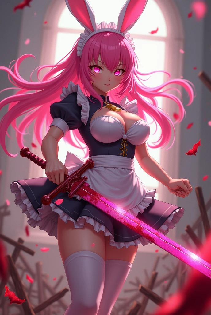 anime girl, pink hair, pink bunny ears, pink eyes, and pink fighting with a pink sword and angry all covered in blood maid outfit with big busts, high quality, (RAW photo, best quality), (realistic, photorealistic: 1.4), (extremely delicate and beautiful: 1.4), amazing, fine details, masterpiece, ultra detailed, high resolution, best illustration, best shadow, intricate, ( extremely intricate: 1.2), (exquisitely detailed skin), cinematic light, perfect anatomy, (cool color: 1.4), sharp focus, 8k UHD, DSLR, (Fujifilm XT3),Epic Fantasy Art Style HD, 4K fantasy art, epic fantasy digital art style, epic fantasy art style, Fantasy Woman, epic fantasy art portrait, Epic fantasy style, hyperrealistic fantasy art, hd fantasy art, Epic fantasy character art, epic fantasy art, in style of dark fantasy art, epic fantasy digital art