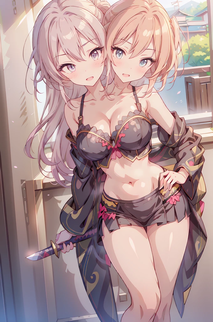 mika jougasaki, 1girl, ((3heads:1.5)), very huge breasts:1.5, open belly, (very, beautiful eyes:1.5), (very detailed eyes:1.5), three headed girl, pink hair, solo, yellow eyes, seductive smile, blush, lipstick, long hair, Hot girl, baddie, staring, glaring, bad attitude, mean girl, crazy, smoking, masterpiece, best quality, highly detailed, a anime girl in kimono dress ,holding sword, bare shoulder,open kimono, evil smile, open mouth, crop top , (nsfw) not safe for work, smile, ecchi anime style, anime girls, ecchi style, ecchi, digital anime art!!, in anime style, official artwork, visual novel cg, beautiful anime girl, anime style 4 k, kimono pencil skirt, exposed belly, exposed navel, exposed midriff, exposed lower belly, outdoor, japanese architecture, temple