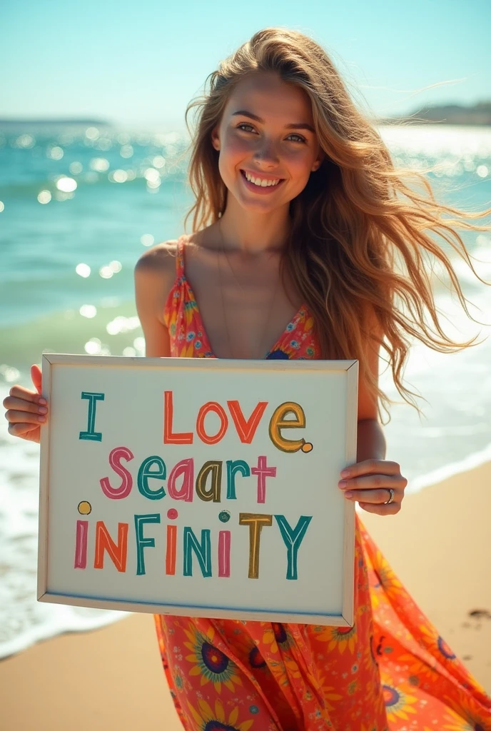 Beautiful girl with wavy long hair, bohemian dress, holding a white board with text "I Love Seaart Infinity" and showing it to the viewer