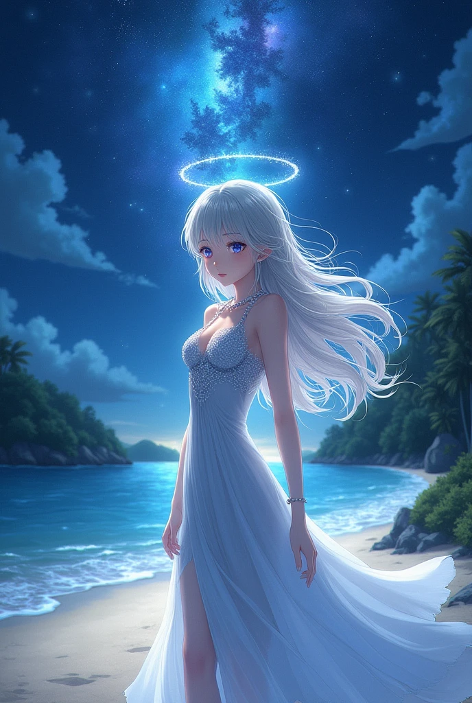 (masterpiece、Highest quality、8k、High resolution)、One female、(Beautiful Face、Beautiful Face)、Beautiful eyes、Beautiful lips、Beautiful nose、Silver blonde hair、(The best anime girl)、Sandy beach with a view of the forest、A bright night with stars visible、milky way、体whole bodyから神秘的な光の粒子、Mysterious light around the head、jewelry、necklace、dress、(whole body)、Highly detailed anime art、A complete portrayal、