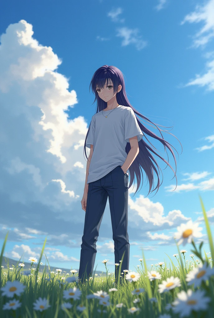 Make a young Germanic man with dark purple black hair, His name is Yuu Leir and he is ., He has 1,82 tall, He's a tall man, her hair is long and reaches her back, His face is a little effeminate but his body is thin but strong., he is smiling slightly calmly in a cloudy field without rain, photo realistic image