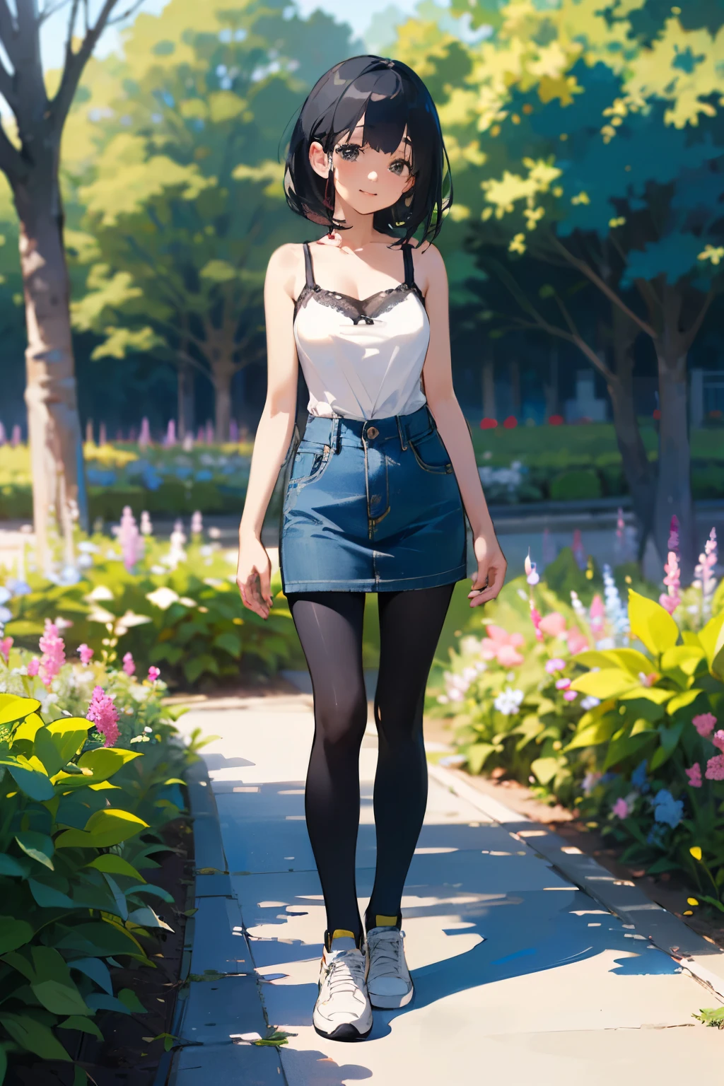 (high quality, High resolution, Very detailed, reality:1.37), Peaceful atmosphere, (Outdoor, garden), Teenage girl standing alone, (my breasts are big.), Beautiful details, Cute Smile, (Black bob hair), camisole, Denim skirt, Black tights, sneakers.