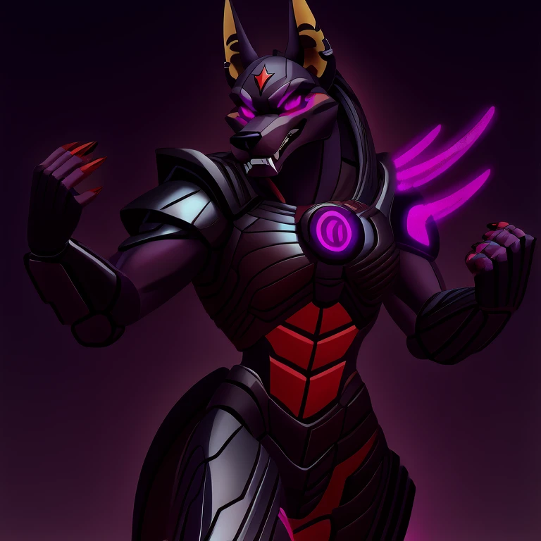 (masterpiece, best quality:1.2), Vortex Anubis hellhound, wolf, furry, helluva boss, hypnotized with glowing purple eyes, growling, wearing predator futuristic armor, using a Pulse Rifle, Energy Rifle, Futuristic assault rifle, dancing ridiculously