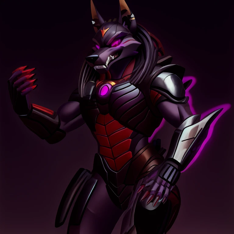 (masterpiece, best quality:1.2), Vortex Anubis hellhound, wolf, furry, helluva boss, hypnotized with glowing purple eyes, growling, wearing predator futuristic armor, using a Pulse Rifle, Energy Rifle, Futuristic assault rifle, dancing ridiculously