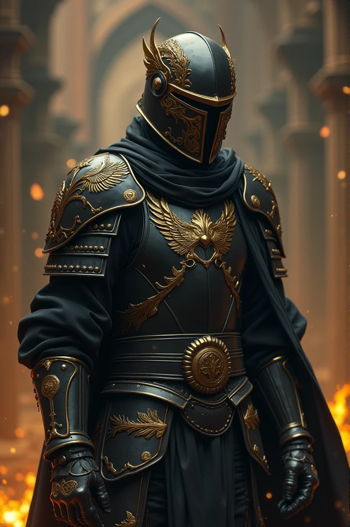 A black armored warrior with a touch of gold being weak surrenders
