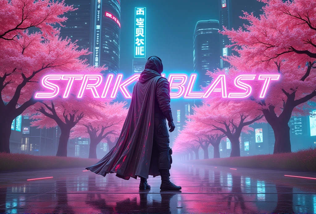 Create an image that has StrikeBlast written on it, a futuristic Japanese-style background