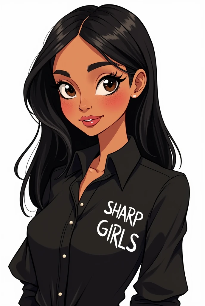 Cartoon of a woman with very straight black hair parted in the middle, face with freckles, brown balios, black blouse with the small name SHARP GIRLS on the shirt on the side of the chest, image background all white