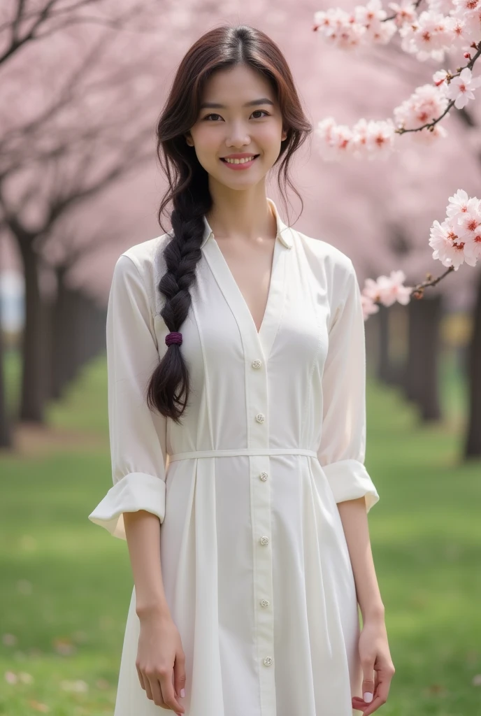 ,Japanese,White skin,Braiding,skinny,Thin arms,Narrow shoulders,smile,Perfect Face,View your audience,Medium chest,Nipples,belly button,slim, shirt dress,Full body portrait,
