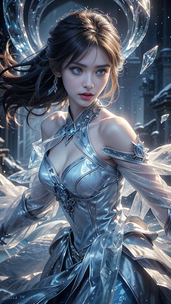 a handsome ice goddess, good face, happy face, very, realistic eyes, ice magician, ice elemental, intricate design and details, chilling mist, cold, blizzard storm, conjuring ice spell, casting ice spell, detailed dress, realistic ice effect, ((ice:1.5)), snow particles, dark fantasy art style, ruined city, dramatic lighting, cinematic,