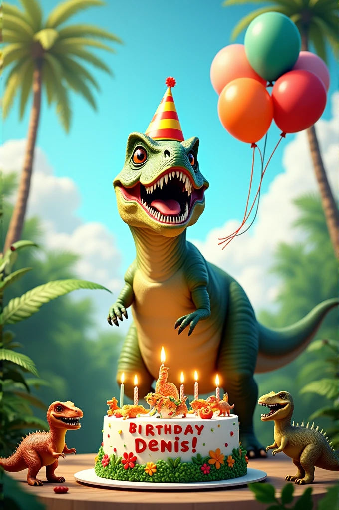 Create a dinosaur themed animated happy birthday image for Denis 