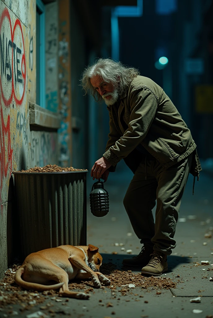 Make a comic strip of a homeless man rummaging through a trash can, the beggar found a grenade, took the pin out of it, the grenade exploded and cut off the beggar's arm, the shrapnel pierced his left eye, they cut their lips and the dog that was nearby died
