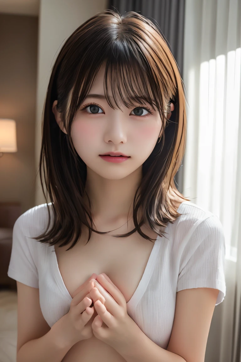 Highest quality, (beautiful)、beautiful女性、、Precision Eyes、Looking into the camera、Straight medium hair、、Hotel room、Completely naked、Completely exposed breasts、Upper Body、Pull your shirt up with your hands、Short sleeve shirt、Cover your chest with your hands、Cover your chest with your hands、Cover your chest with your hands、Cover your chest with your hands