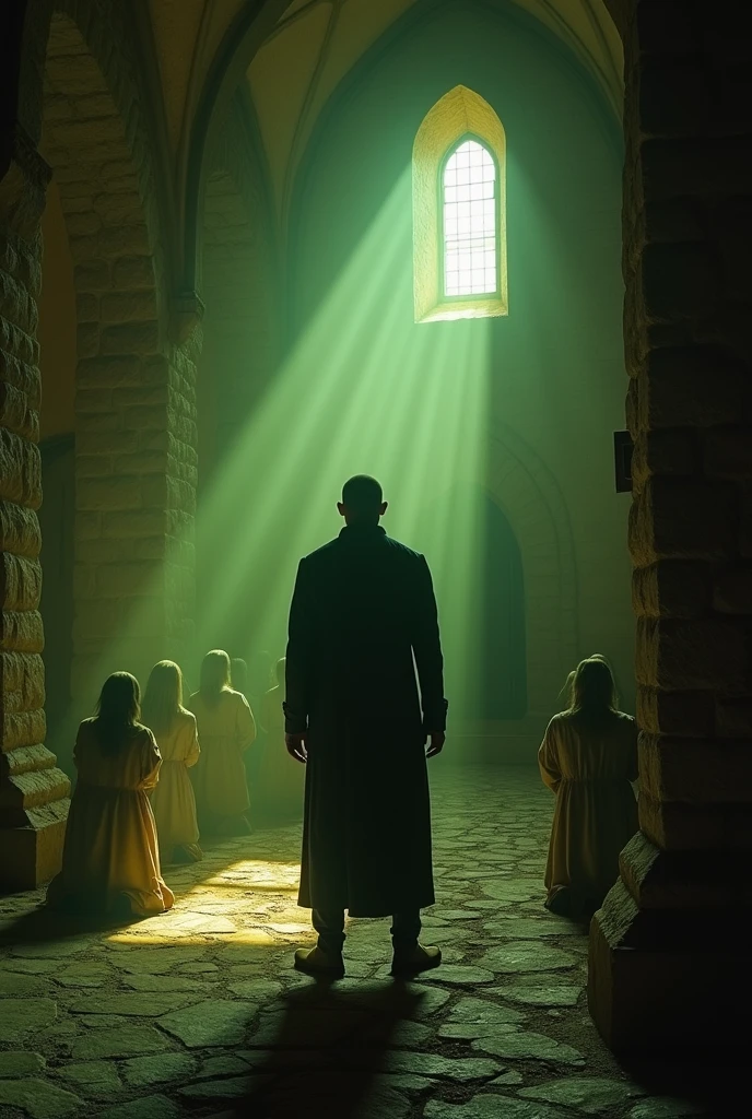 in the center of the image is agent Leon trying to save college student Ashley Graham, inside a tall chapel, the lighting is yellowish, dark greenish and dark, horror ambience, in the background there are strange people in rural clothes in a tall ancient chapel praying to a god, Realism, three sided view, diffraction spikes, character chart, uhd, accurate, textured skin, super detail, high quality, best quality, highres