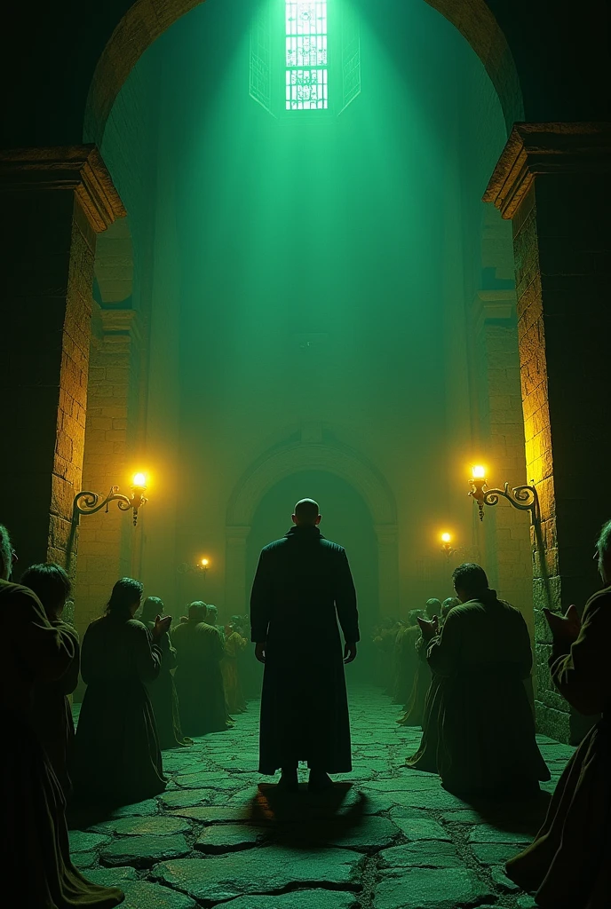 in the center of the image is agent Leon trying to save college student Ashley Graham, inside a tall chapel, the lighting is yellowish, dark greenish and dark, horror ambience, in the background there are strange people in rural clothes in a tall ancient chapel praying to a god, Realism, three sided view, diffraction spikes, character chart, uhd, accurate, textured skin, super detail, high quality, best quality, highres