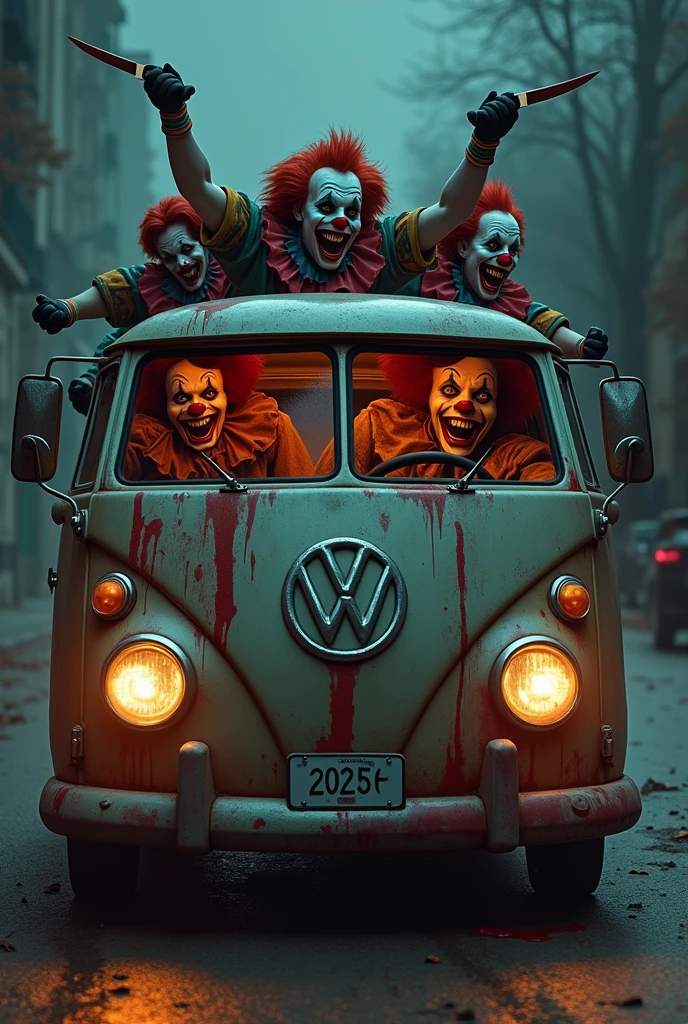  van is filled with insane, terrifying clowns, all psychopathic and covered in blood. Some of them are sticking their heads out of the van. The van is new but splattered with blood, angled slightly to the right as it drives, with one clown at the wheel, looking deranged. The other clowns are playing with knives, creating a horrifying scene that instills panic in anyone who sees it