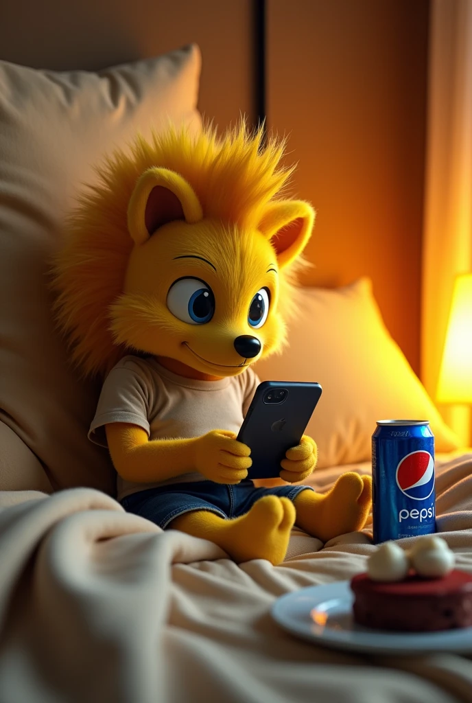 Draw a yellow hedgehog that looks like a person with a height of 1,5 meters, who plays pubg mobile on his phone at home in a man's bed and put a can of pepsi and a plate of desserts next to him