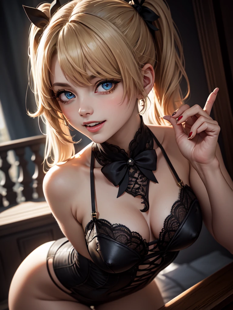 Young blonde girl, black eye patch, twin large ponytails,
BREAK (masterpiece:1.2), best quality, high resolution, unity 8k wallpaper, (illustration:0.8), (beautiful detailed eyes:1.6), extremely detailed face, perfect lighting, extremely detailed CG, (perfect hands, perfect anatomy), joyful, laughing, Happy, thigh corset with deep lace neckline, portrait (3:4), posing. In darkness next to a scary castle.