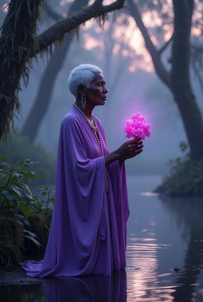 Elderly black woman orisha with short white hair wearing lilac holding a bright lilac flower in her hand in a swamp