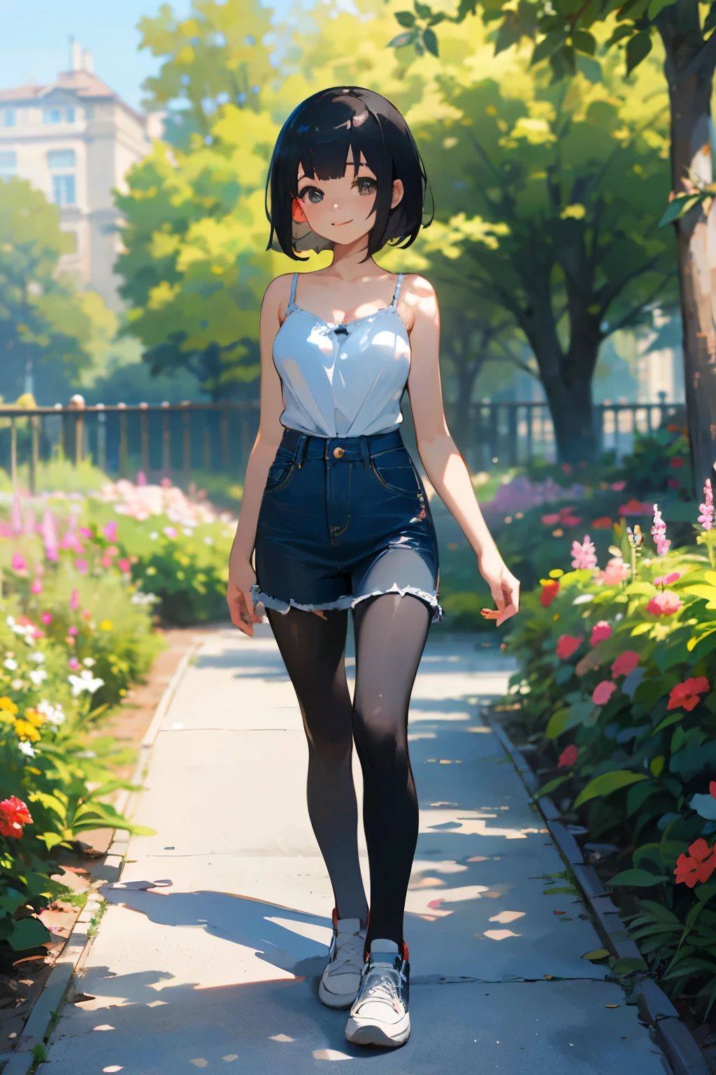 (high quality, High resolution, Very detailed, reality:1.37), Peaceful atmosphere, (Outdoor, garden), Teenage girl standing alone, (my breasts are big.), Beautiful details, Cute Smile, (Black bob hair), camisole, Denim skirt, Black tights, sneakers.