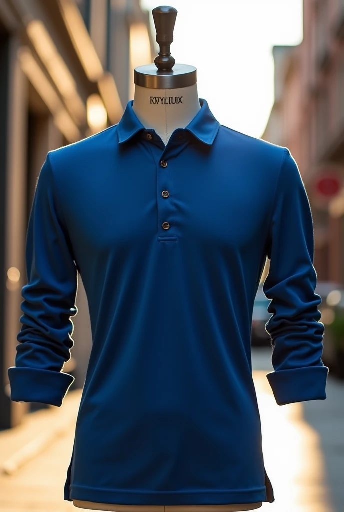 Create a 3/4 sleeve men's polo shirt in blue oxford without buttons