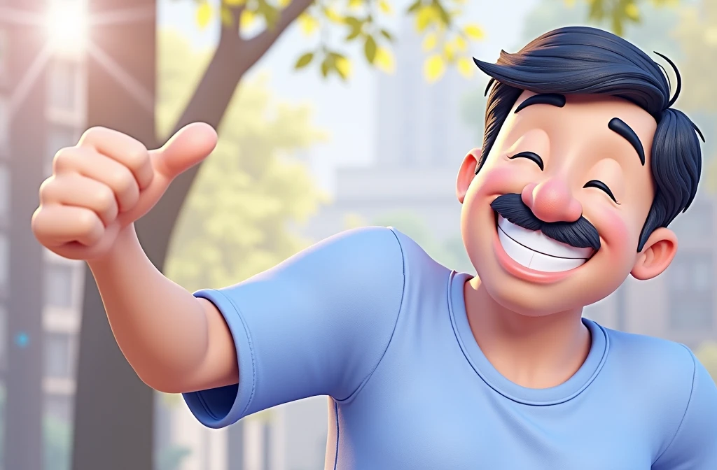 Cartoon character of a man blue shirt, an animated character, stylized character, animation style rendering, 3d stylized, A smiling man in a light blue short-sleeve shirt gives a thumbs-up gesture with his right hand. He has short, dark hair and appears to be in a casual outdoor setting, with a blurred background of warm, neutral tones. 