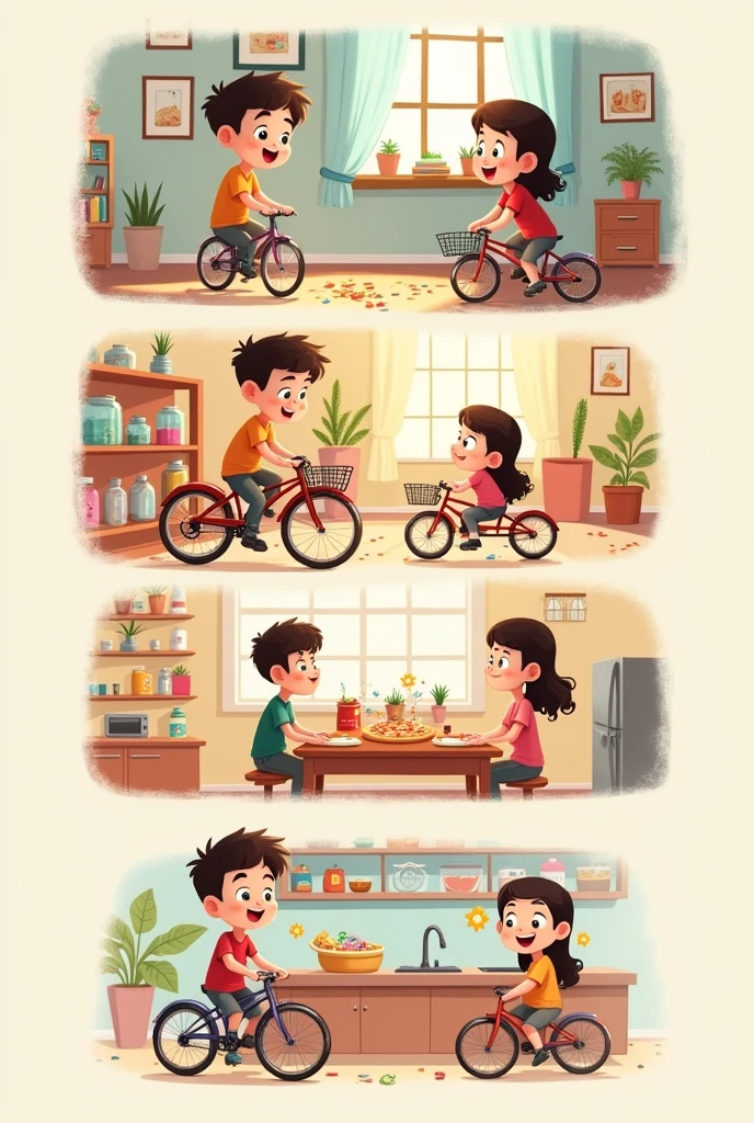Scene of a student checking his savings jar with a smile and his sister on the side celebrating his effort Scene of the student with his mother and sister celebrating with a pizza Scene of a student in a bike shop looking at the one he wants to buy Scene of a young man paying for his bike in the shop All on one sheet vertically in 4 colorless vignettes