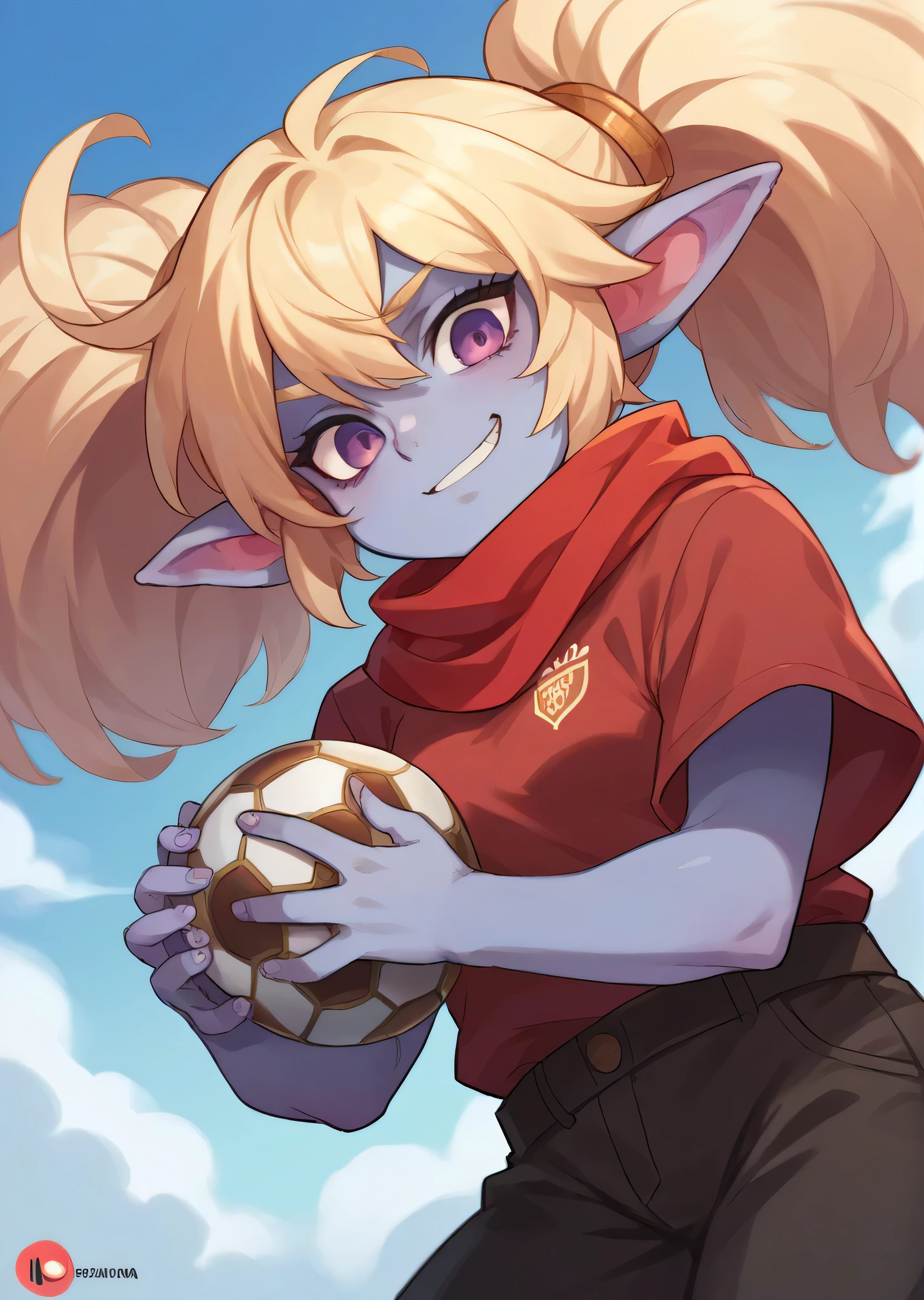 score_9, score_8_up, score_7_up, score_6_up, source_anime,
1girl, solo,  shirt, brasilian, internacional soccer team logo, poppylol, colored skin, blonde_hair, purple_eyes, scarf, red soccer team shirt, with a ball on hand, porto alegre logo