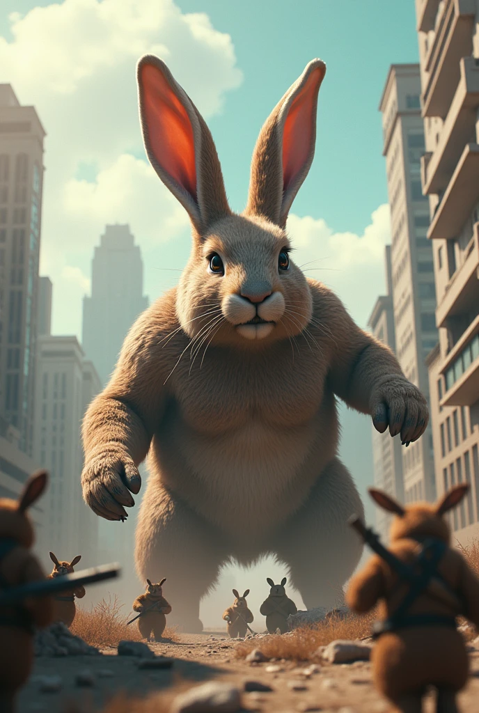 Create a picture of A giant rubber bunny battling a squad of ninja capybara in a post-apocalyptic cityscape, photo realistic, 4k