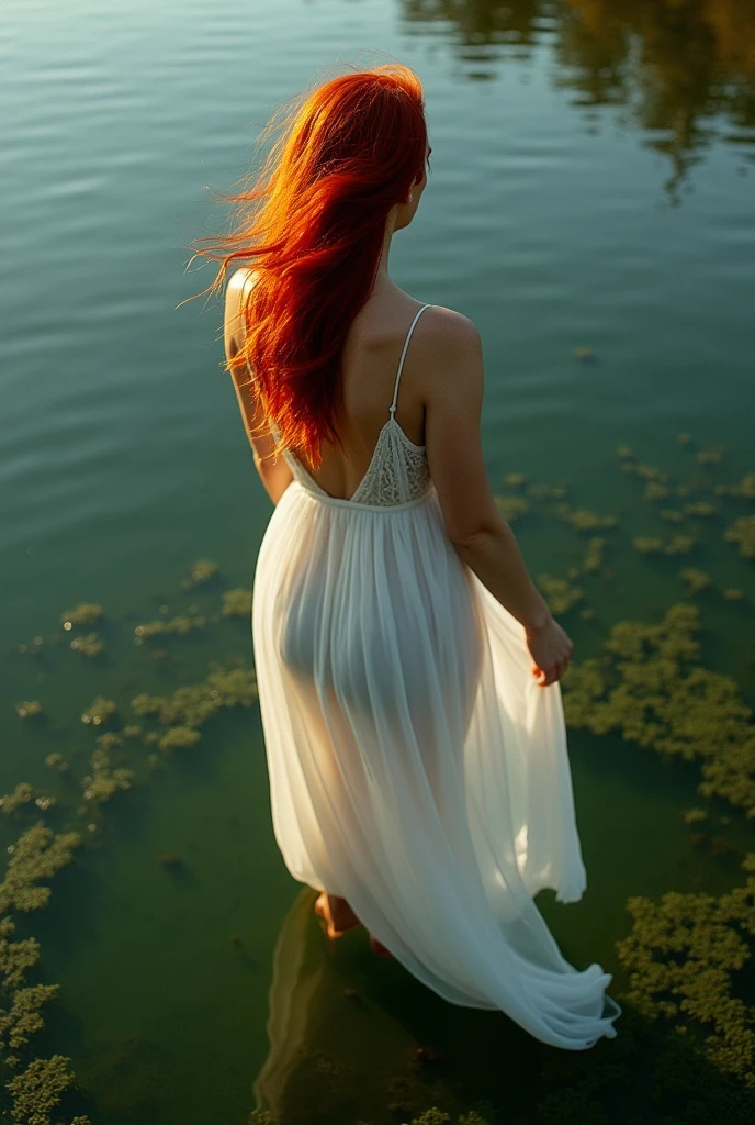 portrait of a 26-year-old redhead, slim silhouette, some small freckles, dressed in a transparent lace nightie, sitting on a rock by a lake, view from behind, romance, seduction, looking at the lens lovingly, sunset, cinematic rendering, 32K, RAW