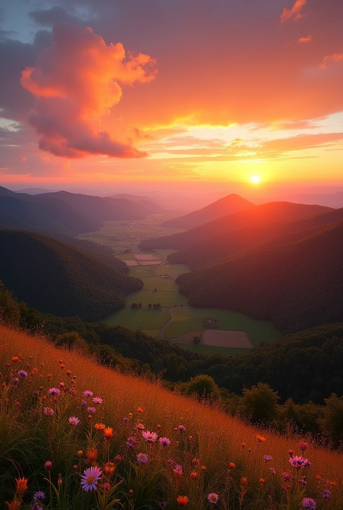 Sunset landscape from above