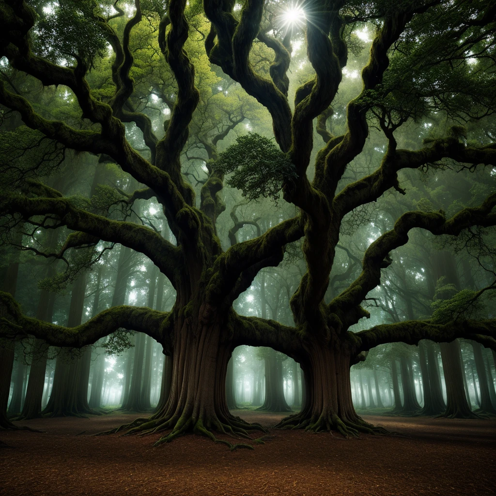 (Super delicate, majestic ancient oak trees are dotted side by side in a lush forest, creating a realistic photo of an eerie dark forest where light shines through.