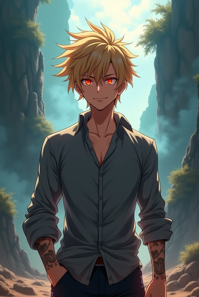 An anime boy with blond hair with blood red eyes muscular with very handsome teenage face